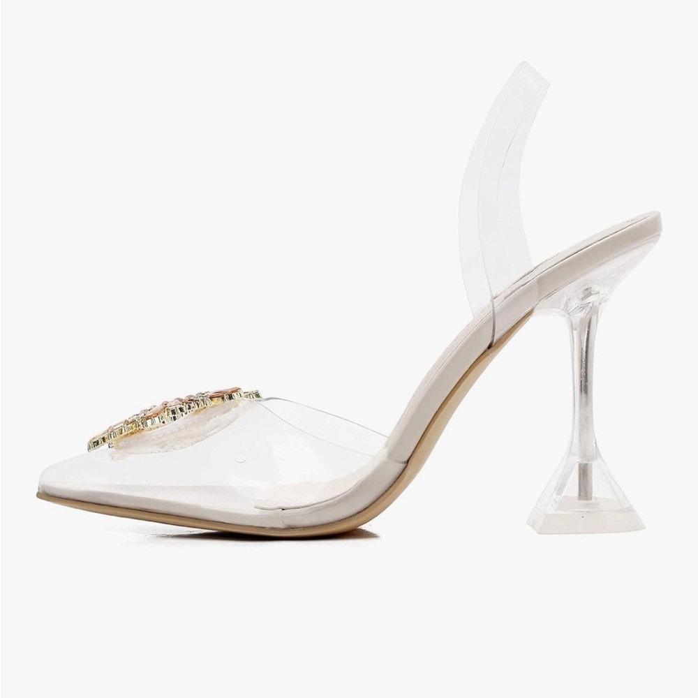 Transparent Point Toe Slingback Pump with Rhinestone Embellishment - Picture 4 of 16
